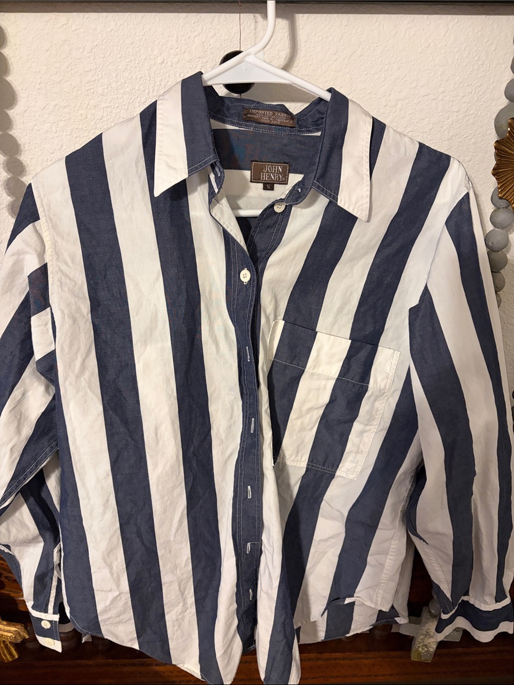 John Henry Women’s Navy and White Vertical Stripe Button-Down Shirt